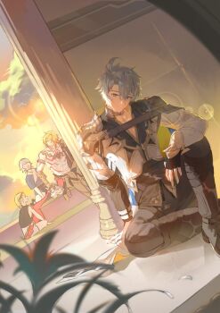 4boys antenna_hair arm_tattoo armlet armor black_boots black_choker black_coat black_gloves black_pants black_shirt blonde_hair blue_eyes boots braid charm2222sul chest_tattoo choker clawed_gauntlets coat commentary_request earrings facial_tattoo fingerless_gloves gloves gold_earrings gold_necklace gradient_hair highres honkai:_star_rail honkai_(series) jewelry korean_commentary male_focus medium_hair multicolored_hair multiple_boys mydei_(honkai:_star_rail) neck_tattoo necklace open_clothes open_coat pants parted_bangs pauldrons phainon_(honkai:_star_rail) red_hair red_tattoo shirt short_hair shoulder_armor side_braid single_pauldron sitting sun_symbol sun_tattoo tan tattoo white_coat white_hair