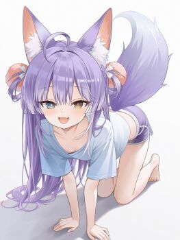 1girl :3 absurdres ahoge all_fours alternate_costume animal_ear_fluff animal_ears barefoot blue_eyes blue_shirt brown_eyes collarbone commentary crop_top dolphin_shorts double-parted_bangs downblouse english_commentary fang fox_ears fox_girl fox_tail hair_intakes heterochromia highres light_blush long_hair looking_at_viewer midriff open_mouth pom_pom_(clothes) purple_hair purple_shorts rim_(rimmon2438) shirt short_sleeves shorts sidelighting simple_background skin_fang smile solo stellive tail tenko_shibuki virtual_youtuber white_background
