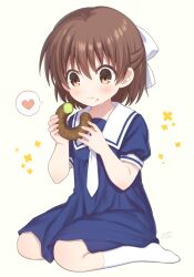 Rule 34 | 1girl, :t, blue dress, blush, bow, brown eyes, brown hair, clannad, closed mouth, commentary request, doughnut, dress, eating, food, food on face, full body, hair between eyes, hair bow, heart, highres, holding, holding food, kneehighs, nakamura hinato, necktie, no shoes, okazaki ushio, puffy short sleeves, puffy sleeves, school uniform, short sleeves, simple background, sitting, socks, solo, spoken heart, wariza, wavy mouth, white background, white bow, white necktie, white socks