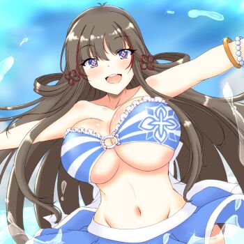 +_+ 1girl bikini blue_bikini blue_eyes blush body_blush bracelet breasts brown_hair chinese_knot cleavage floral_print flower-shaped_pupils hair_ornament hair_rings hairpin huge_breasts jewelry long_hair looking_at_viewer multicolored_hair multiple_hairpins navel o-ring o-ring_swimsuit open_mouth outstretched_arms pink_pupils red_streaks senran_kagura senran_kagura_new_link smile solo streaked_hair swimsuit symbol-shaped_pupils toki_(senran_kagura) tsunogiri