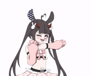 1girl 2024 animated animated_gif artist_request belly black_hair blush bouncing fangs horns indie_virtual_youtuber kamiru_runa loli long_sleeves looping_animation one_eye_closed open_mouth pink_sleeves rabbit_ears skirt solo twintails virtual_youtuber wink