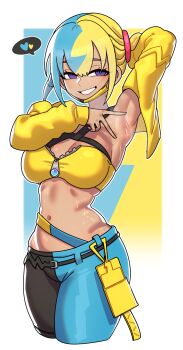 1girl arm_behind_head armpits belt black_belt breasts canari_(pokemon) commentary eyelashes gintm grin half-closed_eyes hand_up heart highres jacket long_sleeves looking_at_viewer mask_pull multicolored_hair navel nintendo pants pokemon pokemon_legends:_z-a presenting_armpit purple_eyes smile solo spoken_heart sweat teeth two-tone_hair v yellow_jacket zipper zipper_pull_tab