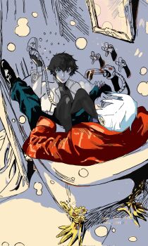 1boy 1girl bath bathroom bathtub bubble_bath coat dante_(devil_may_cry) devil_may_cry_(netflix) devil_may_cry_(series) heterochromia highres in_bathtub lady_(devil_may_cry) nic99993 red_coat scar scar_on_face shared_bathing