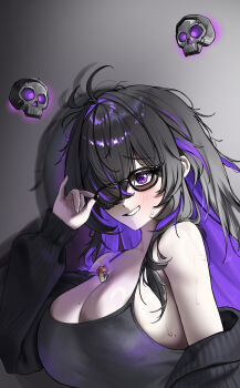 1girl absurdres black-framed_eyewear black_dress black_hair black_sweater blush breasts cleavage closed_mouth colored_inner_hair dress goddess_of_victory:_nikke hair_over_one_eye highres jintan0055 label_(nikke) large_breasts looking_at_viewer mole mole_on_breast multicolored_hair mushroom purple_eyes purple_hair smile solo sweater