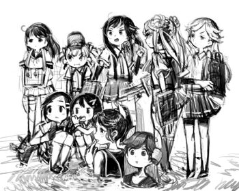 Rule 34 | 6+girls, adapted turret, arashio (kancolle), asashio (kancolle), fujinozu, greyscale, hat, headgear, i-400 (kancolle), i-401 (kancolle), kanji connection, kantai collection, kuroshio (kancolle), long hair, michishio (kancolle), monochrome, multiple girls, name connection, ooshio (kancolle), oyashio (kancolle), pleated skirt, sailor collar, sailor shirt, school uniform, serafuku, shirt, skirt, standing, standing on liquid, suspenders, twintails, ushio (kancolle)