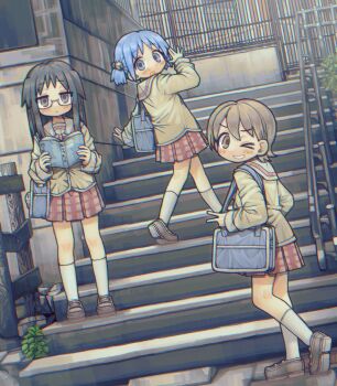 Rule 34 | > o, 3girls, :o, aioi yuuko, bag, black hair, blue eyes, blue hair, blush stickers, book, brown eyes, brown hair, brown shoes, closed mouth, cube hair ornament, day, full body, glasses, grin, hair ornament, highres, holding, holding book, loafers, long hair, long sleeves, looking at viewer, minakami mai, multiple girls, naganohara mio, nichijou, one eye closed, open book, open mouth, outdoors, plaid clothes, plaid skirt, pleated skirt, red skirt, rnfhv, sailor collar, school bag, school uniform, serafuku, shirt, shoes, short hair, skirt, smile, socks, stairs, standing, tokisadame school uniform, white sailor collar, white socks, yellow shirt