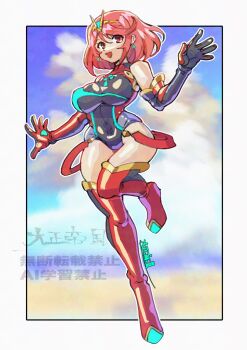 1girl bare_shoulders black_leotard blurry blurry_background boots border breasts chest_jewel earrings full_body hashtag-only_commentary highres jewelry large_breasts leotard oomasa_teikoku pyra_(xenoblade) red_boots red_eyes red_hair short_hair solo thigh_boots tiara watermark white_border xenoblade_chronicles_(series) xenoblade_chronicles_2