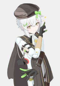 Rule 34 | 1girl, absurdres, arm up, beret, chuunibyou, commentary request, doll joints, dushevnaya (girls' frontline 2), flare gun, girls' frontline, girls' frontline 2: exilium, green ribbon, hair ribbon, hat, highres, holster, joints, kolouch, ksvk (girls' frontline), looking at viewer, mechanical arms, ribbon, smile, solo, sparkle, white background, white hair