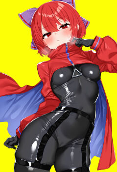 1girl alternate_costume black_bodysuit black_gloves blush bodysuit bow breasts breath cameltoe cape closed_mouth commentary_request daichi_(tokoya) gloves hair_between_eyes hair_bow highres latex latex_bodysuit long_sleeves looking_at_viewer medium_breasts medium_hair purple_bow purple_cape red_cape red_eyes red_hair ribbon-trimmed_bow ribbon_trim rock_'n'_rock_'n'_beat sekibanki simple_background skin_tight solo sweat touhou two-sided_cape two-sided_fabric two-tone_cape yellow_background