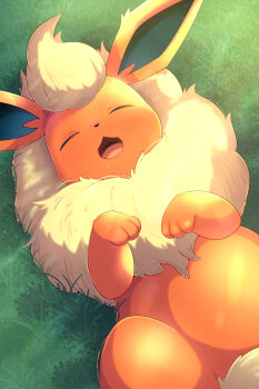 Rule 34 | closed eyes, commentary request, day, flareon, from above, gen 1 pokemon, grass, highres, lying, nintendo, no humans, on back, open mouth, outdoors, pokemon, pokemon (creature), pokemon focus, rumine (yoshi1234567), solo, tongue