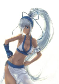1girl bikini blue_eyes breasts cleavage dark-skinned_female dark_skin dys expressionless eyepatch hair_ribbon hands_on_own_hips highres large_breasts legs looking_at_viewer majikina_mina navel ponytail ribbon samurai_spirits sarong sideboob snk swimsuit thighs thong_bikini whale_tail_(clothing) white_hair