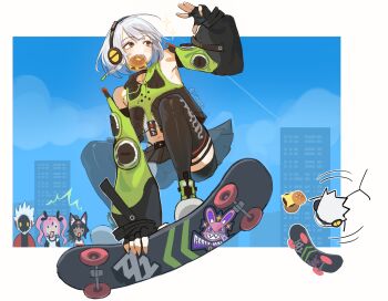Rule 34 | 1boy, 3girls, anby demara, bare shoulders, billy kid, black choker, black gloves, black thighhighs, braid, burger, choker, commentary, detached sleeves, english commentary, fingerless gloves, food, gloves, headphones, highres, long sleeves, mouth hold, multiple girls, navel, nekomiya mana, nicole demara, orange eyes, pink hair, riinarts, short hair, single braid, skateboard, skateboarding, thighhighs, white hair, zenless zone zero