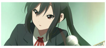 1girl 46_crt :o absurdres black_hair black_jacket blazer collared_shirt highres jacket k-on! long_hair microphone nakano_azusa neck_ribbon parted_lips red_ribbon ribbon sakuragaoka_high_school_uniform school_uniform shirt solo twintails white_shirt winter_uniform