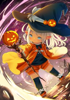 Rule 34 | 1girl, absurdres, black hat, black thighhighs, blue eyes, commentary request, final fantasy, final fantasy xiv, grey hair, halloween, hat, highres, holding, holding staff, jack-o'-lantern, jacket, lalafell, long hair, long sleeves, orange jacket, orange shoes, orange shorts, pointy ears, shelldy, shoes, short shorts, shorts, solo, staff, thighhighs, witch hat