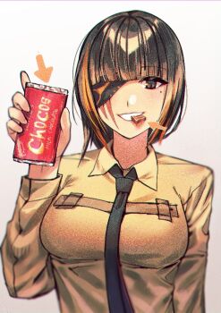 1girl black_necktie braid breasts brown_eyes brown_hair chocolate eyepatch girls'_frontline jacket long_hair looking_at_viewer m16a1_(girls'_frontline) mole mole_under_eye multicolored_hair necktie scar sharing shirt simple_background smile solo teeth xanax025 yellow_shirt