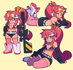 Rule 34 | 1girl, arm support, bikini, bikini top only, boots, breasts, cleavage, crossed arms, fingerless gloves, gloves, grin, gun, hand on own hip, highres, large breasts, legs, looking at viewer, lying, midriff, multiple views, on stomach, one eye closed, ponytail, red hair, scarf, shorts, smile, solo, sunglasses on head, swimsuit, tengen toppa gurren lagann, the pose, thighs, weapon, wink, yellow eyes, yoko littner