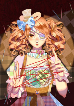 1girl absurdres aqunaqunyingfen art_of_tailoring_(infinity_nikki) blue_bow bow bow_choker bowtie brown_background brown_eyes brown_vest buttons cat's_cradle choker closed_mouth cowboy_shot dress drill_hair eyelashes eyepatch frilled_choker frilled_eyepatch frilled_wrist_cuffs frills green_bow green_bowtie hair_bow happy hat highres infinity_nikki lace-trimmed_choker lace-trimmed_sleeves lace_trim light_blush lipstick lolita_fashion looking_at_viewer makeup medium_hair mini_hat mini_top_hat multicolored_dress nikki_(series) orange_hair patchwork_clothes pink_bow pink_bowtie pink_choker puffy_short_sleeves puffy_sleeves red_lips ribbon-trimmed_sleeves ribbon_trim short_sleeves short_twintails smile solo square_neckline straight-on string_around_finger striped_bow striped_bowtie striped_clothes top_hat twintails vertical-striped_choker vest vignetting white_hat white_wrist_cuffs wrist_cuffs