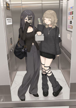 2girls :d ^_^ absurdres aspara bag black_eyes black_hair blonde_hair cellphone closed_eyes elevator fork handbag highres holding holding_fork jewelry long_hair loose_socks medium_hair mirror_selfie multiple_girls necklace open_mouth original pastry_box phone selfie smartphone smile socks
