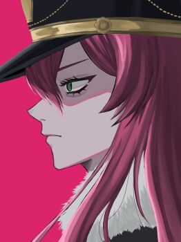 1girl black_clover black_clover:_sword_of_the_wizard_king black_hat expressionless from_side fur-trimmed_collar fur_trim green_eyes hat highres long_hair military_hat peaked_cap pink_hair portrait princia_funnybunny profile solo ya_mada_22
