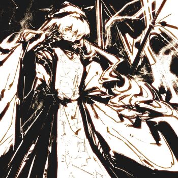 Rule 34 | 1girl, abstract, arm up, commentary, constellation print, cowboy shot, dress, hat, highres, limited palette, long hair, matara okina, monitor51, sepia, smile, tabard, touhou, wide sleeves, yellow eyes