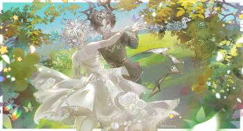 2boys absurdres archionturkey black_eyes black_hair black_tunic border bug bush butterfly butterfly_on_hand dancing dress dual_persona elbow_gloves feet_out_of_frame flower forsaken_(roblox) gloves halo halo_behind_head highres holding_hands insect layered_dress leaf lens_flare male_focus multiple_boys outdoors outside_border rose scenery smile spawn_(roblox) tail tiara tree tunic two_time_(forsaken) white_border white_dress white_flower white_gloves white_rose