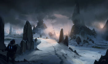 1other bad_link cloud cloudy_sky dusk fog from_behind jjcanvas landscape mountain original painterly pillar rock scenery sky snow source_request standing winter winter_clothes