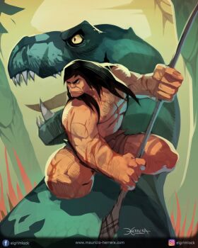 1boy 1girl abs arm_hair artist_name black_hair blood blood_on_arm blood_on_leg caveman chest_hair closed_mouth colored_sclera colored_skin commentary day dinosaur elgrimlock english_commentary facebook_username fang_(primal) fangs genndy_tartakovsky's_primal green_skin highres holding holding_polearm holding_weapon instagram_username loincloth long_hair lying muscular muscular_male on_back open_mouth outdoors polearm sharp_teeth signature size_difference slit_pupils spear spear_(primal) squatting sun teeth thick_eyebrows tongue tree tyrannosaurus_rex v-shaped_eyebrows weapon yellow_sclera