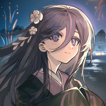 Rule 34 | 1girl, absurdres, alternate costume, black hair, black haori, blue eyes, chinese commentary, closed mouth, commentary request, commission, eva (hundred line), fireworks, flower, hair between eyes, hair flower, hair ornament, haori, highres, hira9509, japanese clothes, kimono, multicolored hair, night, outdoors, pink hair, pink kimono, portrait, smile, solo, streaked hair, the hundred line -last defense academy-, two-tone hair, white flower