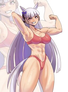 1girl abs animal_ears armpits bikini blush bow ear_bow ear_covers flexing gold_ship_(umamusume) grey_hair highres horse_ears horse_girl horse_tail konaloid looking_at_viewer muscular muscular_female red_bikini red_eyes swimsuit tagme tail thick_thighs thighs umamusume