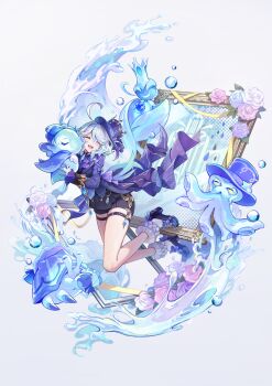 1girl :d ascot black_footwear blue_bow blue_flower blue_gemstone blue_hair bow brooch closed_eyes cowlick flower full_body furina_(genshin_impact) gem genshin_impact gentilhomme_usher gloves hair_between_eyes hat highres holding jacket jewelry kyusoukyu light_blue_hair long_sleeves mademoiselle_crabaletta medium_hair multicolored_hair open_mouth ouji_fashion pendant picture_frame pink_flower purple_ascot purple_bow purple_flower purple_hat purple_jacket shoes skirt smile squid star_(symbol) streaked_hair surintendante_chevalmarin teeth thigh_strap top_hat upper_teeth_only water water_drop white_flower white_gloves white_hair