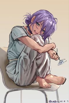 1girl absurdres black_choker black_nails bluefreesia chainsaw_man chair choker flower green_eyes grenade_pin hair_between_eyes hair_bun highres holding holding_flower hugging_own_legs nail_polish on_chair open_mouth pants purple_hair reze_(chainsaw_man) shirt sitting solo sweatpants toenail_polish toenails white_flower white_pants white_shirt