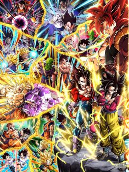 6+boys aura black_hair blue_eyes clenched_hands colored_skin dougi dragon_ball dragon_ball_gt dragon_ball_super dragon_ball_z_dokkan_battle frieza gloves gogeta highres jewelry looking_at_viewer male_focus metamoran_vest monkey_boy monkey_tail multiple_boys muscular muscular_male open_mouth pants pectorals piccolo smile son_gohan son_goku spiked_hair super_android_17 super_saiyan super_saiyan_1 super_saiyan_2 super_saiyan_4 tail teeth vegeta wai_(y48754085) white_gloves