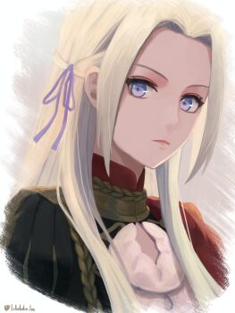 Rule 34 | 1girl, cape, closed mouth, commentary request, edelgard von hresvelg, fire emblem, fire emblem: three houses, garreg mach monastery uniform, hair ribbon, highres, labebebe lee, long hair, looking at viewer, nintendo, portrait, purple eyes, purple ribbon, red cape, ribbon, side cape, solo, white hair