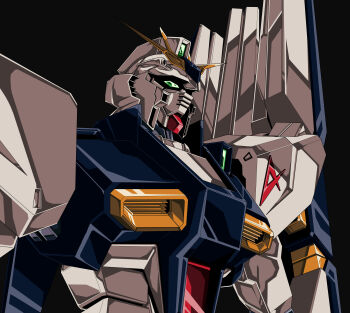 Rule 34 | 1980s (style), 1990s (style), absurdres, char's counterattack, commentary request, earth federation, faux retro artstyle, fin funnels, glint, green eyes, gun, gundam, highres, kds (0049), machine gun, mecha, mecha focus, mobile suit, no humans, nu gundam, oldschool, retro artstyle, robot, science fiction, space, v-fin, weapon