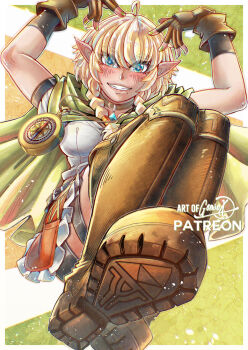1girl artist_name belt blonde_hair blue_eyes blush boots border braid braided_sidelock brown_boots brown_gloves cape commentary compass cucco english_commentary fingerless_gloves full_body gensox gloves green_background green_cape hood hood_down hyrule_warriors jewelry linkle looking_at_viewer necklace nintendo pointy_ears the_legend_of_zelda twin_braids white_border