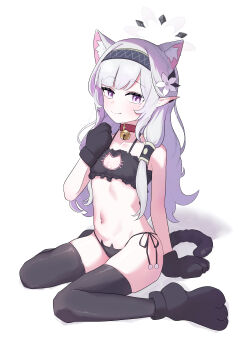 1girl absurdres animal_ear_fluff animal_ears animal_hands arm_support bell black_gloves black_thighhighs blue_archive breasts cat_cutout cat_ear_panties cat_ears cat_lingerie cat_tail cleavage_cutout clothing_cutout collar earclip flat_chest flower frills gloves grey_hair grey_halo hair_flower hair_ornament hair_tubes hairband halo highres himari_(blue_archive) long_hair looking_at_viewer mole mole_under_eye navel neck_bell panties paw_gloves paw_shoes pointy_ears purple_eyes red_collar sitting small_breasts solo striped_clothes striped_hairband tail thighhighs underwear wariza white_hair white_halo yungun_(dbsrjsdn0330)
