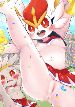 2girls 6+others ajiwo anus bleachers blush body_fur breasts buck_teeth cheering cheerleader cinderace cleft_of_venus clitoris confetti day furry furry_female gen_8_pokemon highres medium_breasts multiple_girls multiple_others navel nintendo nipples no_panties outdoors pokemon pokemon_(creature) pom_pom_(cheerleading) pussy raboot skirt split standing standing_on_one_leg standing_split teeth uncensored white_fur