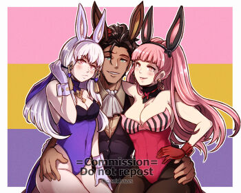 1boy 2girls adapted_costume animal_ears black_pantyhose breasts claude_von_riegan cleavage commentary commission dark-skinned_male dark_skin fake_animal_ears fire_emblem fire_emblem:_three_houses gloves grin gzei hairband highleg highleg_leotard highres hilda_valentine_goneril leotard long_hair looking_at_viewer lysithea_von_ordelia lysithea_von_ordelia_(timeskip) matching_hair/eyes multicolored_background multiple_girls nintendo pantyhose pink_background pink_eyes pink_hair playboy_bunny pump purple_background purple_leotard rabbit_ears red_gloves smile strapless strapless_leotard very_long_hair white_gloves white_hair wrist_cuffs yellow_background