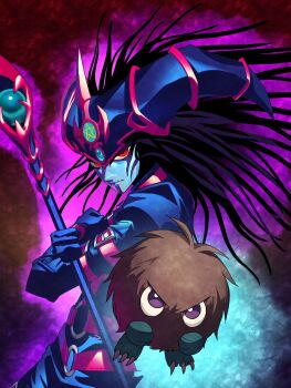 Rule 34 | 1boy, arm belt, black hair, blue sky, colored sclera, crossed arms, duel monster, gloves, hat, highres, holding, holding staff, jester cap, kuriboh, long hair, long sleeves, magician of black chaos, male focus, pentagram, purple eyes, red eyes, sky, staff, sukehachi, yellow sclera, yu-gi-oh!