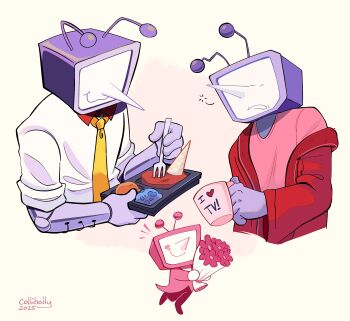 1boy ant_tenna artist_name bouquet clothed_robot colliholly commentary crt dated deltarune english_commentary flower highres holding holding_bouquet holding_tray humanoid_robot long_nose male_focus multiple_views necktie notice_lines object_head pink_shirt pointy_nose radio_antenna red_robe robe robot shirt sleeves_rolled_up smile tray utdr_(toby_fox) white_shirt yellow_necktie