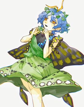 Rule 34 | 1girl, antennae, bai he, black shirt, blue hair, butterfly wings, commentary request, dress, eternity larva, fairy, hair between eyes, highres, holding, holding leaf, insect wings, leaf, leaf on head, multicolored dress, open mouth, shirt, short hair, short sleeves, simple background, smile, solo, touhou, white background, wings, yellow eyes