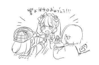 3girls blush bow box cake deerstalker flower food gift gift_box greyscale hair_bow hair_flower hair_ornament harapeko_shoujo_to_tantei_to haruno_ritsuka hat holding holding_gift holding_plate long_hair long_sleeves monochrome multiple_girls open_mouth outstretched_arms plate rino_cnc rose saotome_oto simple_background sweater translation_request twintails twitter_username uruwashi_hibiki white_background