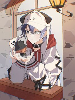 2boys aoyagi_touya belt belt_buckle belt_collar black_belt black_hat blue_hair buckle cardigan closed_mouth collar commentary drawstring flow_(novoverflow) grey_eyes hair_between_eyes hands_up hat highres hood hood_down hoodie long_sleeves male_focus mole mole_under_eye multicolored_hair multiple_boys official_alternate_costume open_cardigan open_clothes orange_hair outstretched_hand project_sekai red_hoodie shinonome_akito short_hair split-color_hair symbol-only_commentary two-tone_hair upper_body wall_lamp white_hat window