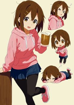 Rule 34 | > <, 1girl, absurdres, alcohol, beer, blue skirt, brown eyes, brown hair, chibi, closed eyes, cup, drunk, food, hair ornament, hairclip, highres, hirasawa yui, hood, hoodie, k-on!, looking at viewer, mug, multiple persona, open mouth, pantyhose, shoes, skirt, smile, sneakers, totalmajorweeb