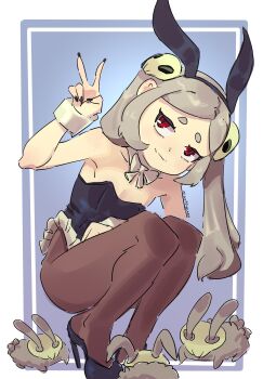 Rule 34 | 1girl, alternate costume, black nails, bloody marie (skullgirls), blue background, bow, bowtie, detached collar, dust bunny (skullgirls), fang, flat chest, grey hair, hair ornament, hairband, high heels, leotard, long hair, nail polish, ojiskeleton, pantyhose, playboy bunny, rabbit ears, red eyes, skin fang, skull, skull hair ornament, skullgirls, smile, solo, squatting, twintails, v, wrist cuffs