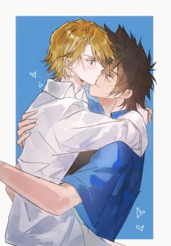 Rule 34 | 2boys, absurdres, black shirt, blonde hair, blue background, blue eyes, blue shirt, blush, brown hair, closed eyes, digimon, digimon adventure, digimon adventure tri., hand on another's back, hands on another's neck, heart, highres, ishida yamato, male focus, multiple boys, pout, shirt, shirt under shirt, smile, spiked hair, szr 02, white shirt, yagami taichi, yaoi