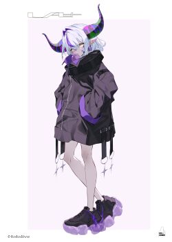 Rule 34 | 1girl, absurdres, alternate costume, bandaid, bandaid on face, black collar, black horns, black jacket, black shoes, blowing bubble gum, chewing gum, collar, commentary, demon horns, earrings, full body, gam 1124, grey hair, hands in pockets, highres, hololive, horns, jacket, jewelry, la+ darknesss, long hair, looking at viewer, metal collar, no ahoge, oversized jacket, paint splatter, paint splatter on face, platform shoes, pointy ears, purple streaks, shoes, simple background, single hair streak, sneakers, solo, striped horns, virtual youtuber, yellow eyes