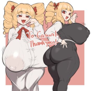 1girl :d ass blonde_hair blush breasts commentary_request covered_erect_nipples curvy drill_hair dual_persona fang highres huge_breasts open_mouth original red_background red_eyes simple_background smile twin_drills white_background zombieskick