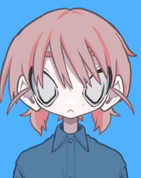 1girl :&lt; blue_background closed_mouth collared_shirt grey_eyes highres looking_at_viewer mole mole_under_eye momose_kikka original pink_hair portrait shirt short_hair simple_background solo
