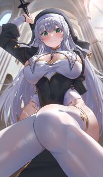 Rule 34 | 1girl, arm up, black dress, black veil, blush, breast curtains, breasts, breasts apart, church, covered navel, dress, embarrassed, framed breasts, garter straps, gold trim, green eyes, grey hair, groin, guimpe, highleg, highres, holding, holding mace, holding weapon, hololive, indoors, knees together feet apart, large breasts, long dress, long hair, long sidelocks, long sleeves, looking at viewer, mace, menmen (menmen13s), nervous sweating, nun, official alternate costume, official alternate hairstyle, pelvic curtain, puffy long sleeves, puffy sleeves, rabbit in eyes, shirogane noel, shirogane noel (battle nun), sidelocks, solo, straight hair, sweat, thighhighs, underbust, veil, very long hair, virtual youtuber, wavy mouth, weapon, white garter straps, white thighhighs